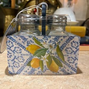 Lemon Patterned Salt and Pepper Caddy Set NWT